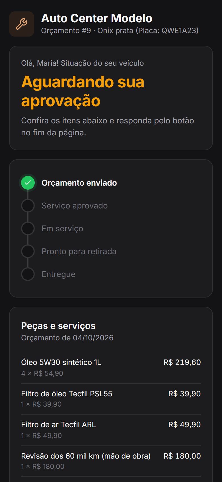 Página que o cliente abre no celular para ver os itens e aprovar o orçamento